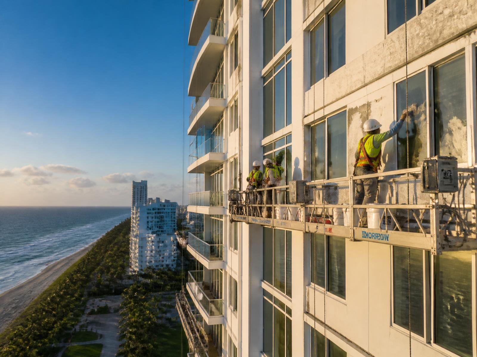 Swing stage facade restoration on an occupied oceanfront condominium tower